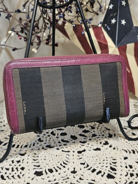 Fendi Handbags - Fendi Striped Canvas Zip-Around Wallet with Burgundy Leather Trim